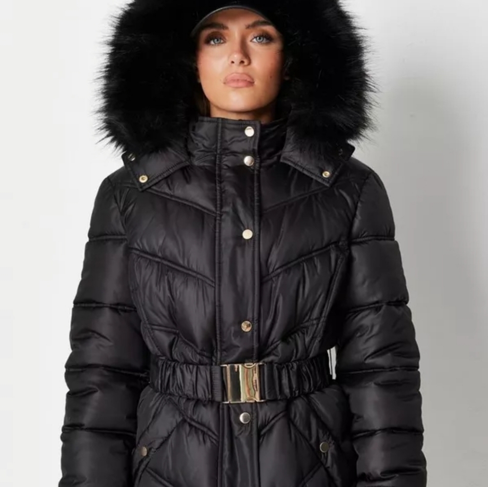 Black Puffer Jacket with Gold Hardware and Faux Fur Hood